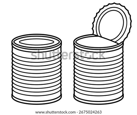 Tin can black and white line art drawing, closed and open. Simple vector clip art illustration.