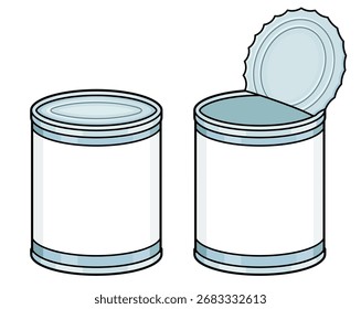 lata de estanho com rótulo em branco conjunto de desenho, fechado e aberto. Ilustração simples de clip-art de vetor de desenhos animados.