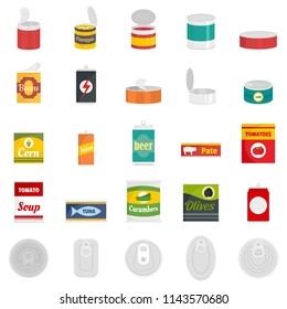 Tin can box cylinder food package jar icons set. Flat illustration of 25 tin can box cylinder food package jar vector icons isolated on white