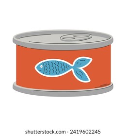 A tin can of cat food. A closed preserves of fish food for pets. A pet care item. A flat vector illustration isolated on a white background.