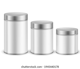 Tin can container metal. Packaging dry products cylinder boxes with caps different size, tea or coffee, sugar or cereals, spice or powder branding package template vector realistic set