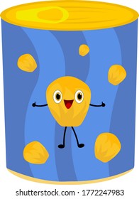 tin can with corn bright blue label with orange cartoon character holding thumbs up like approval gesture food and snack object concept on white background