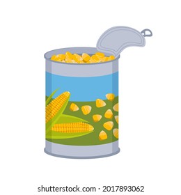 Tin can with corn kernels. tin packaging with a pattern of yellow vegetables. Vitamin source, cooking ingredient