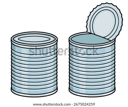 Tin can drawing set, closed and open. Simple cartoon vector clip art illustration.