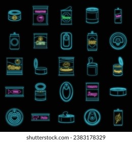 Tin lata paquete de comida ajuste de los iconos del frasco. Ilustración de contorno de 25 latas de lata paquete de alimentos íconos vectoriales de frasco de neón color en negro