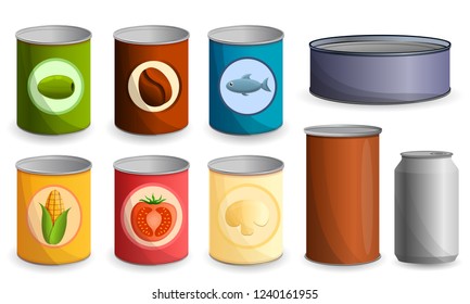 Tin can icon set. Cartoon set of tin can vector icons for web design