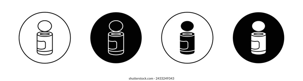 Conjunto de iconos de lata. Símbolo vectorial de tarro de metal abierto y sopa en un estilo negro relleno y perfilado. Señal de frescura sellada.