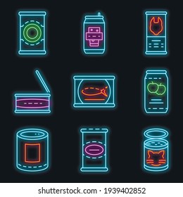 Tin can icon set. Outline set of tin can vector icons neon color on black