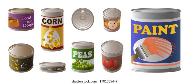 Tin can icons set. Cartoon set of tin can vector icons for web design