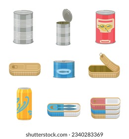 Tin can icons set cartoon vector. Tin can. Corn grocery