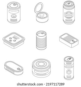 Tin can icons set. Isometric set of tin can vector icons outline thin lne isolated on white