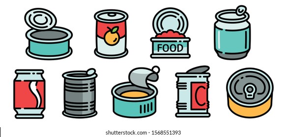 Tin can icons set. Outline set of tin can vector icons for web design isolated on white background