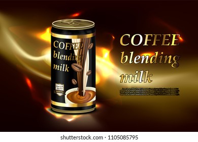 Tin can and label of coffee beans with lighting background