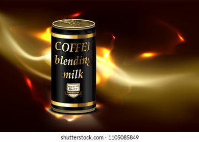 Tin can and label of coffee beans with lighting background