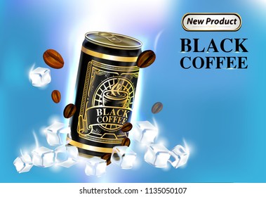 Tin can and label of coffee beans with lighting and ice background