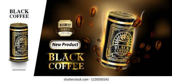 Tin can and label of coffee beans with lighting background