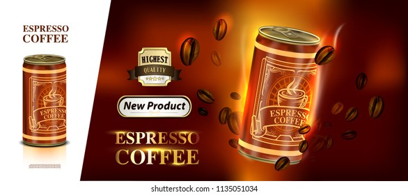 Tin can and label of coffee beans with lighting background