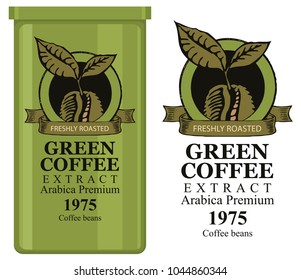 A tin can with label for green coffee extract. Vector label for green coffee with coffee bean and inscription and tin can with this label.