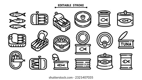 Tin can line icons set. Editable stroke. Outline collection of tin can vector icons for web design isolated on white background