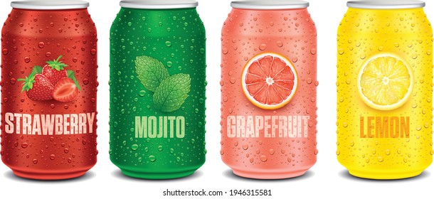 tin can with many fresh juice drops. Tin package design for strawberry, lemon, mint, mojito, grapefruit	