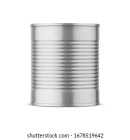Tin can mockup. Blank metal food products container. Aluminum closed bank. Realistic 3d vector illustration isolated on white background