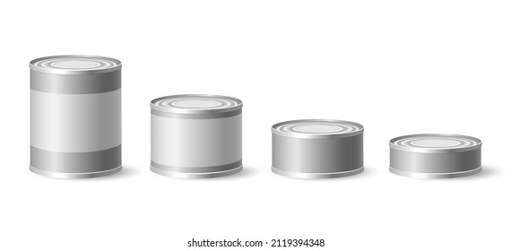 Tin puede burlarse. Diseño de envase en lata, botellas de cilindros metálicos en lata, caja de acero para embalaje, conservas latas de elementos en blanco ilustración vectorial