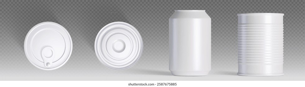 Tin pode maquete superior e vista lateral conjunto isolado no fundo transparente. Vetor ilustração realista de pacote de metal 3D branco para alimentos, bebidas refrigerantes, recipiente de aço inoxidável em branco, pacote de armazenamento