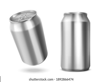 Tin Can With Open Key Front And Angle View. Blank Cylinder Metal Jar With Pull Ring On Lid, Silver Colored Aluminium Canister For Cold Drink Isolated On White Background, Realistic 3d Vector Mockup