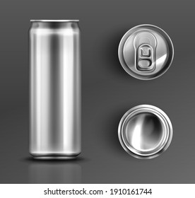 Tin can with open key front, top and bottom view set. Cylinder metal jar with lid, silver colored aluminium canister for cold drinks isolated on grey background, Realistic 3d vector icons, clip art