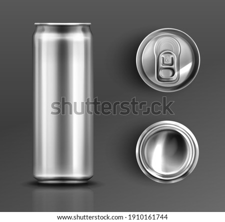 Tin can with open key front, top and bottom view set. Cylinder metal jar with lid, silver colored aluminium canister for cold drinks isolated on grey background, Realistic 3d vector icons, clip art