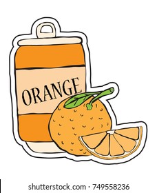 tin can with orange juice,fruit soda,orange water, vector image, flat design,outline style,colorful sticker