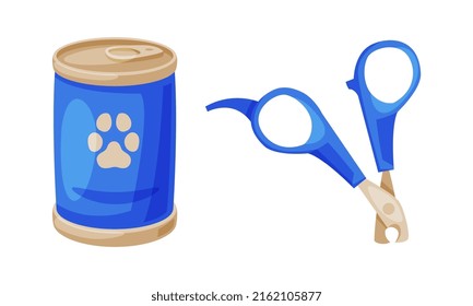 Tin can of pet food and pet nail clippers. Supplies for domestic animals set cartoon vector illustration