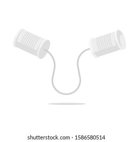Tin can phone. Communication concept. Vector illustration flat design. Isolated on white background. Tin can telephone with cord.