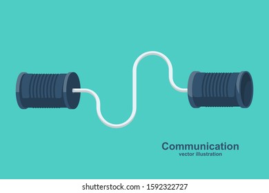 Tin can phone. Communication concept. Vector illustration flat design. Isolated on white background. Tin can telephone with cord.