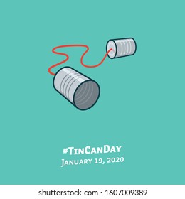 Tin can phone illustration for #TinCanDay on January 19. Communication and retro technology color vector symbol.