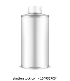 Tin can with plastic cap and blank label, realistic mockup. Metal cylindrical bottle for liquid products, vector mock-up for design.