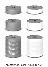 Tin can with pull ring side view. Cylinder food metal jars with open key lid. Low, middle or high silver and white colored smooth and ribbed isolated aluminium canisters, Realistic 3d vector icons set