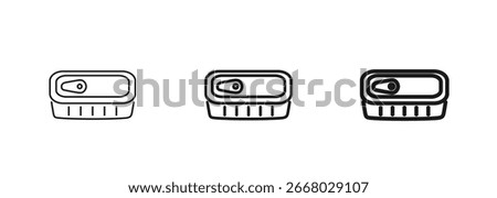 Tin can with pull tab for canned food, sardines, or tuna. Web icon in thin, regular, and bold styles. Perfect for packaging design, food apps, preserved goods illustrations. Vector isolated on white