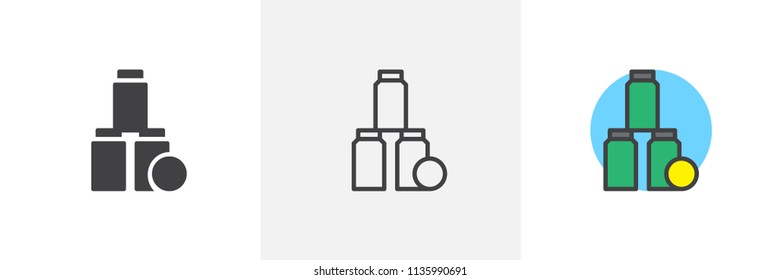Tin can pyramid with tennis ball icon. Line, solid and filled outline colorful version, outline and filled vector sign. Symbol, logo illustration. Different style icons set. Vector graphics