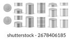 Tin can realistic collection. Vector set of multiple sizes and views. Front, side and top with metallic textures and embossed lids. Packaging presentations and food branding, canned goods or products