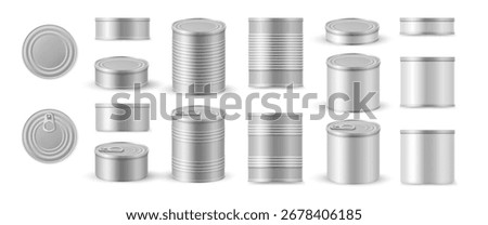 Tin can realistic collection. Vector set of multiple sizes and views. Front, side and top with metallic textures and embossed lids. Packaging presentations and food branding, canned goods or products