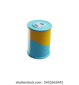 Tin can with ring pull on lid yellow and blue colors 3D vector illustration. Pet feed conserve aluminum package with open key. Cartoon realistic zoo nutrition product for domestic animal