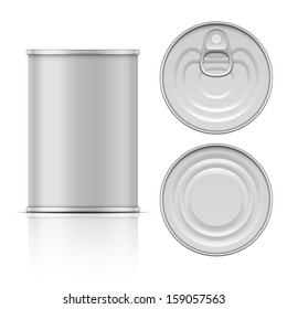 Tin can with ring pull: side, top and bottom view. Vector illustration. Packaging collection.