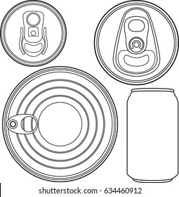 Tin can with ring pull : side and top view. Vector illustration. Packaging collection. Different types of can