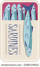 Tin can sardines. Aesthetic vector illustration on transparent background. Canned fish artwork. Seafood packaging poster template. Restaurant, cafe, or kitchen wall decor.