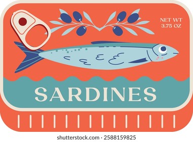 Tin can sardines. Aesthetic vector illustration on transparent background. Canned fish artwork. Seafood packaging poster template. Restaurant, cafe, or kitchen wall decor.