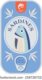 Tin can sardines with fish logo. Aesthetic vector illustration on transparent background. Canned fish artwork. Seafood packaging poster template. Restaurant, cafe, or kitchen wall decor.