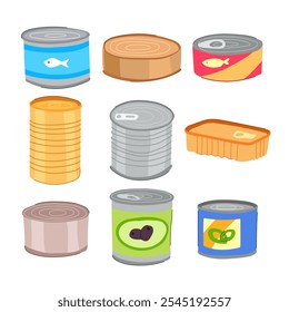 tin can set cartoon. food storage, recycling soup, lid label tin can sign. isolated symbol vector illustration