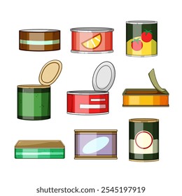 tin can set cartoon. preservation storage, container metal, steel food tin can sign. isolated symbol vector illustration