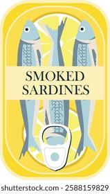 Tin can smoked ardines. Aesthetic vector illustration on transparent background. Canned fish artwork. Seafood packaging poster template. Restaurant, cafe, or kitchen wall decor.